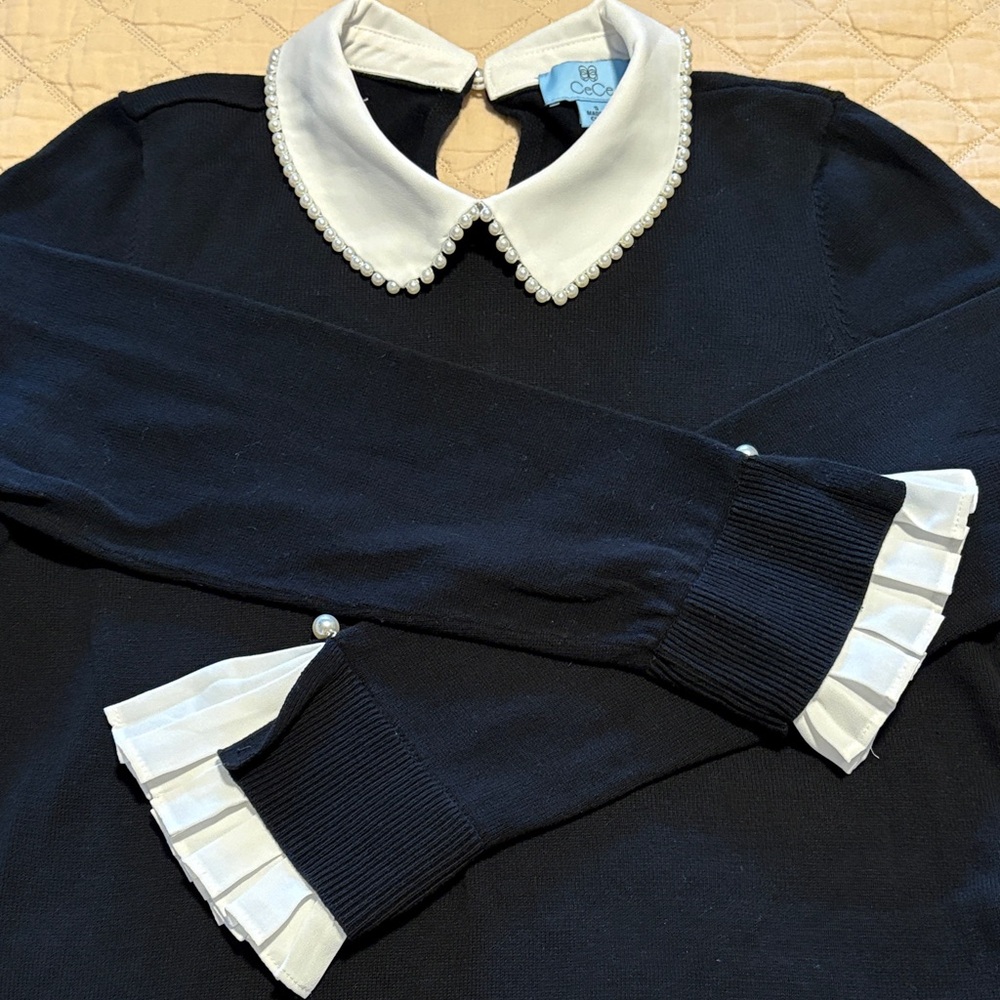 CeCe Black Sweater with White Pearl Collar